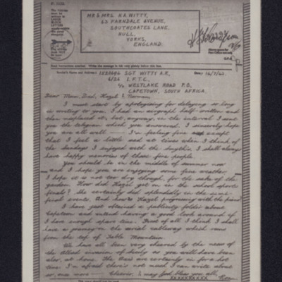 Letter from Ron Witty to his mother, father and siblings
